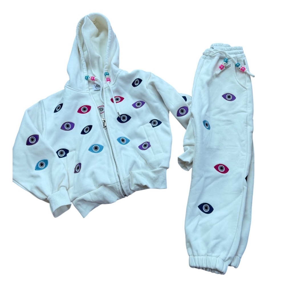 Lola + The Boys White Hoodie & Joggers Set with Pink Purple Teal Eye Embroidery